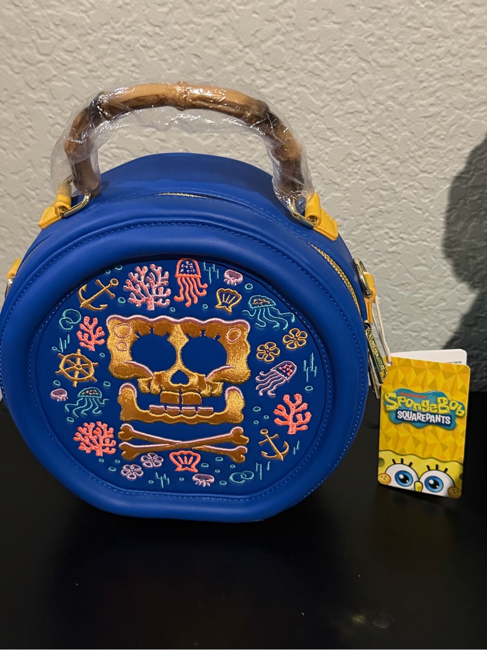 LOUNGEFLY SpongeBob SquarePants Royal Blue Round Skull Crossbones BAG